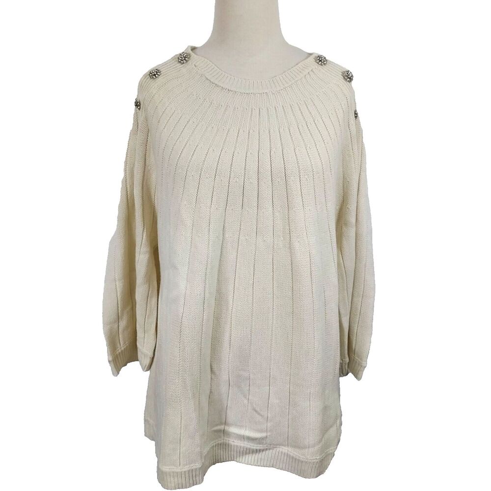 Soft Focus Sweater Tunic Womens Large Off White Pullover Long Sleeve Rhinestone